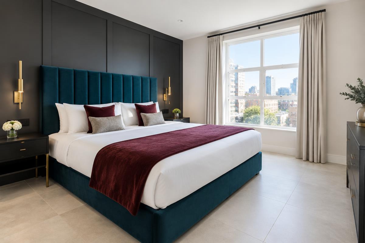 Hotel-style bedroom with a teal headboard, crisp white bedding and burgundy accents